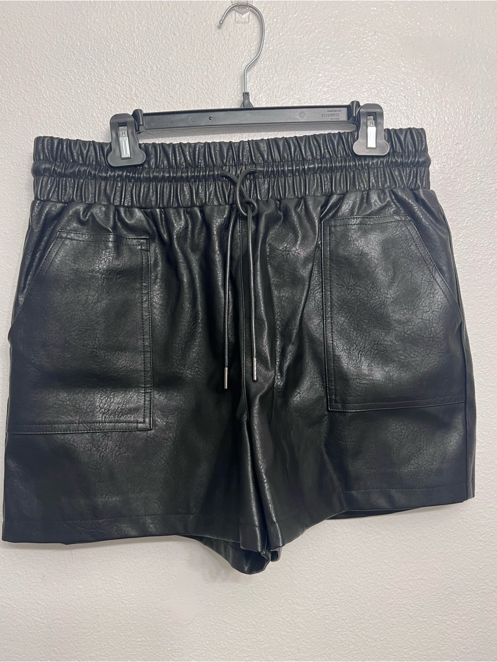 High Waist Black Faux Leather Drawstring Women’s Shorts - Picture 2 of 10